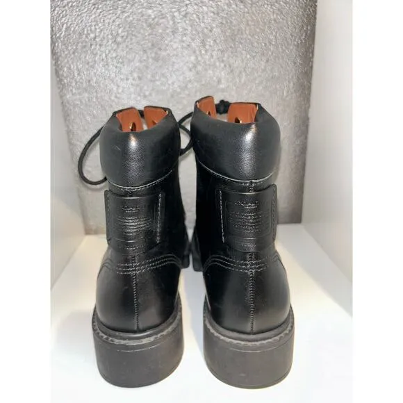 Coach Biker Combat Goth Mid Black Leather Calf Round Toe Lace up Combat Boots