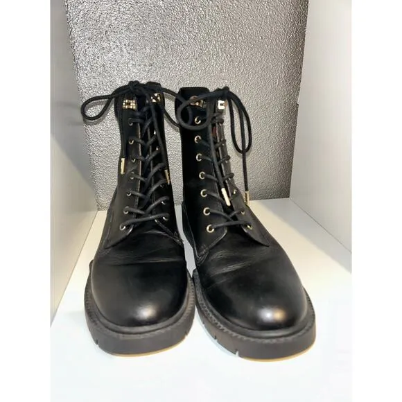 Coach Biker Combat Goth Mid Black Leather Calf Round Toe Lace up Combat Boots