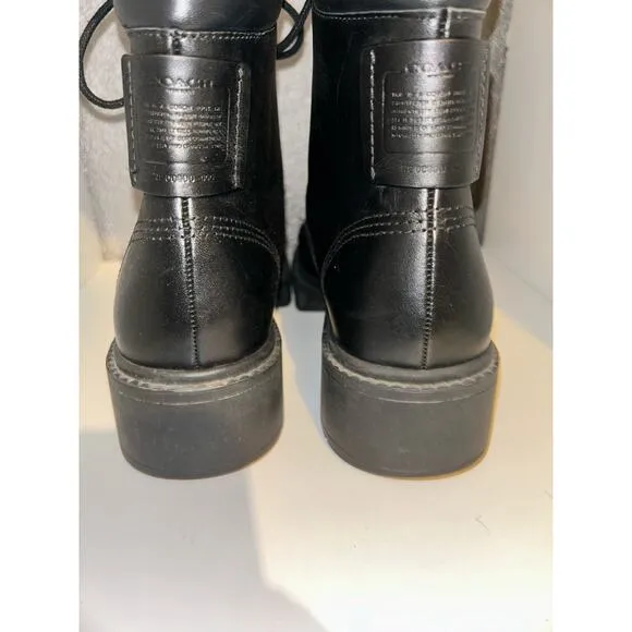 Coach Biker Combat Goth Mid Black Leather Calf Round Toe Lace up Combat Boots