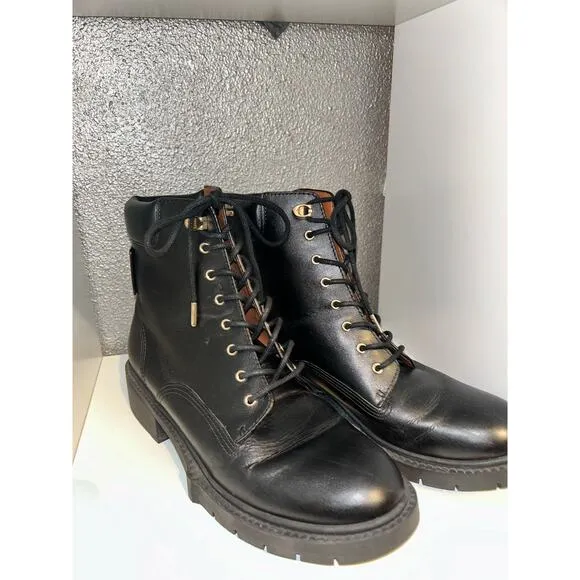 Coach Biker Combat Goth Mid Black Leather Calf Round Toe Lace up Combat Boots