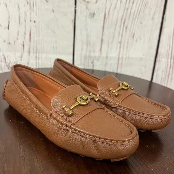 COACH CROSBY DIVER Brown Grainy Leather Loafers with Brass Gold Accent 6.5B NIB