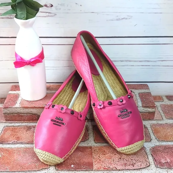 Coach Espadrilles Women's 7 Pink Nappa Leather Rain Floral Rivets Boho Casual