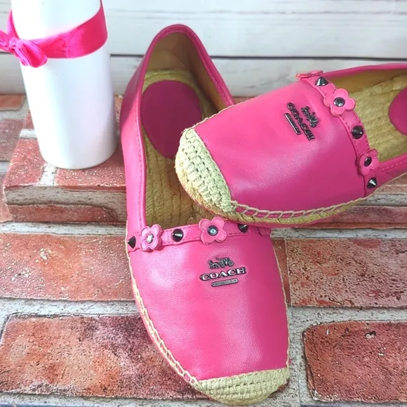Coach Espadrilles Women's 7 Pink Nappa Leather Rain Floral Rivets Boho Casual
