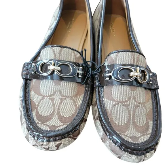 Coach Fortunata CC Metal &amp; Brown Signature Logo Jacquard Flat/Loafers