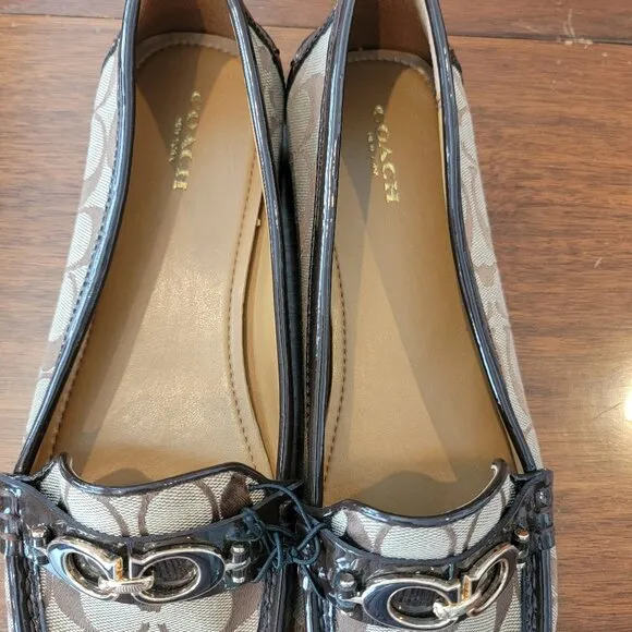 Coach Fortunata CC Metal &amp; Brown Signature Logo Jacquard Flat/Loafers