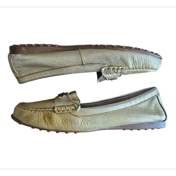 Coach Fredrica Metallic Gold Pebbled Leather Slip On Driving Loafers Shoes Sz 9B