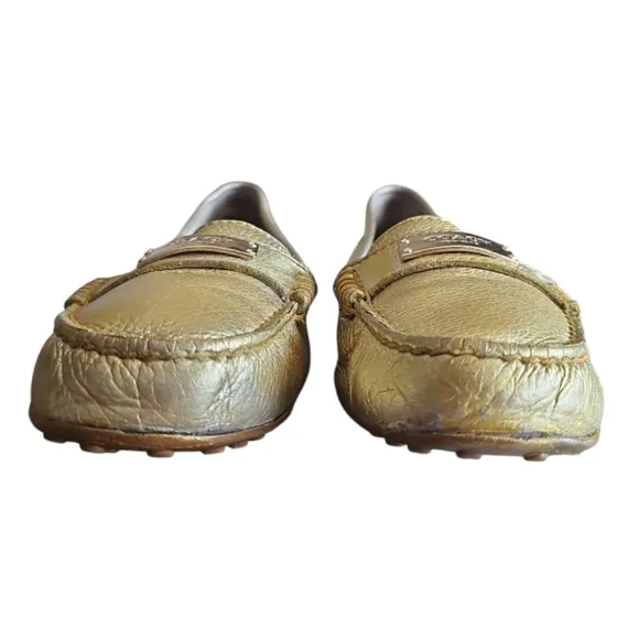 Coach Fredrica Metallic Gold Pebbled Leather Slip On Driving Loafers Shoes Sz 9B