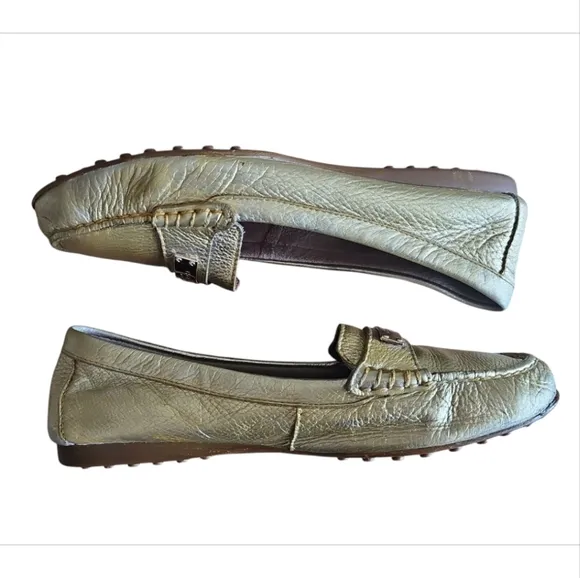 Coach Fredrica Metallic Gold Pebbled Leather Slip On Driving Loafers Shoes Sz 9B