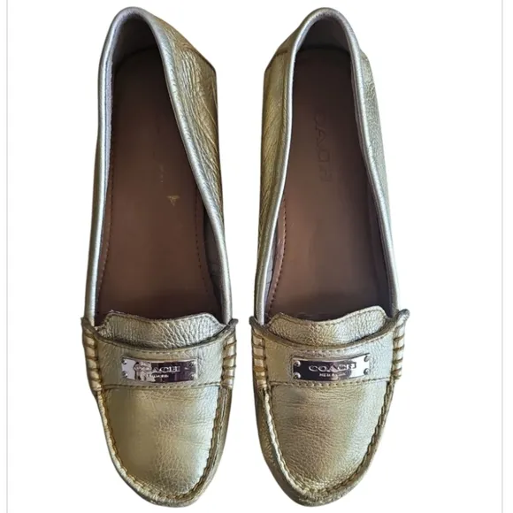 Coach Fredrica Metallic Gold Pebbled Leather Slip On Driving Loafers Shoes Sz 9B