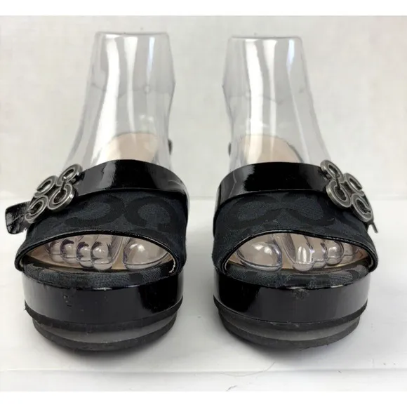 Coach Geri Platform Wedge Slide Sandals Heels Womens 8 Black Open Toe
