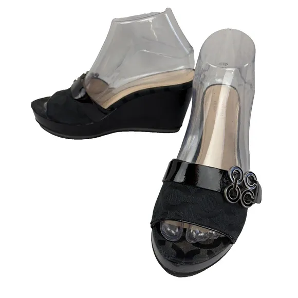 Coach Geri Platform Wedge Slide Sandals Heels Womens 8 Black Open Toe