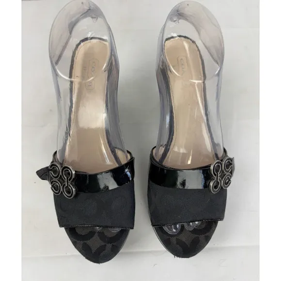 Coach Geri Platform Wedge Slide Sandals Heels Womens 8 Black Open Toe