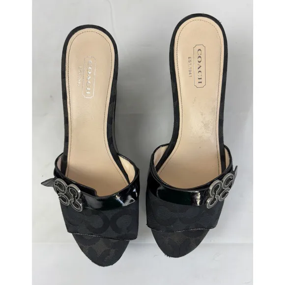 Coach Geri Platform Wedge Slide Sandals Heels Womens 8 Black Open Toe