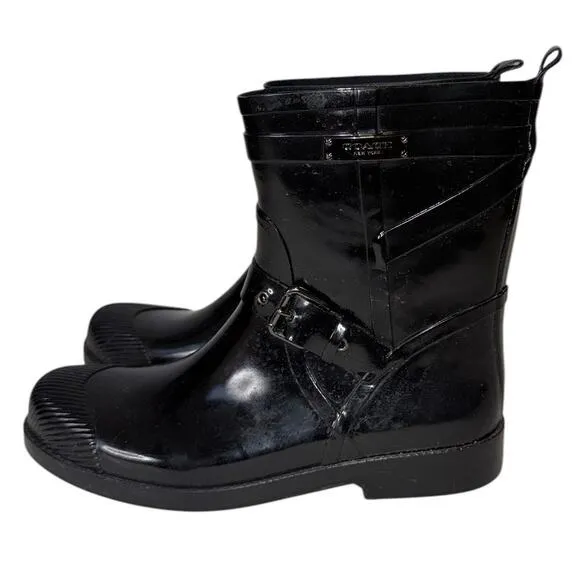 Coach Lester Black Rubber Mid Calf Round Toe Ankle Synthetic Rain Boots Size 10