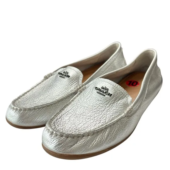 Coach Marley Driving Loafers Silver Leather Womens Shoe Size 10 Moccasin