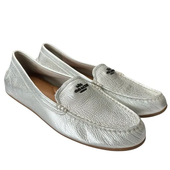 Coach Marley Driving Loafers Silver Leather Womens Shoe Size 10 Moccasin