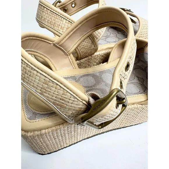 COACH Monogram Naomi Raffia Flatform Sandals Womens Size 8