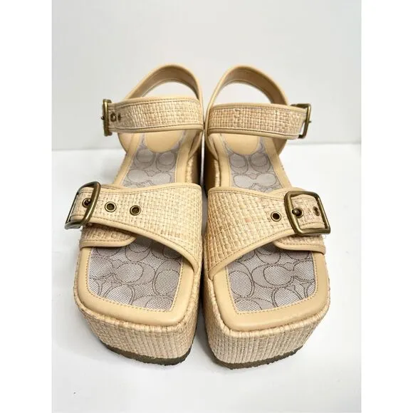 COACH Monogram Naomi Raffia Flatform Sandals Womens Size 8