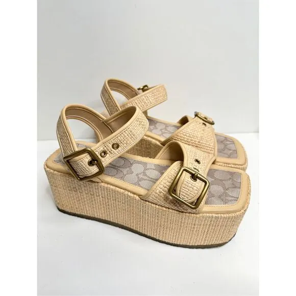 COACH Monogram Naomi Raffia Flatform Sandals Womens Size 8