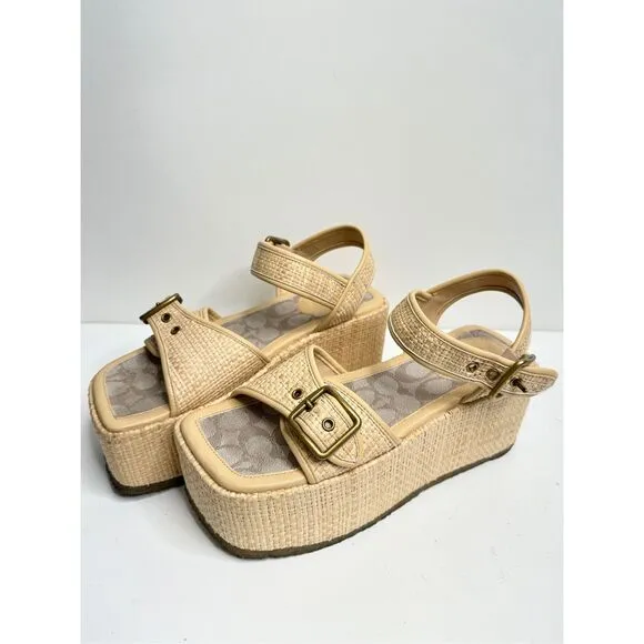 COACH Monogram Naomi Raffia Flatform Sandals Womens Size 8