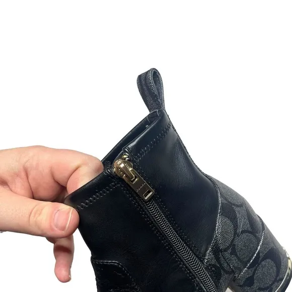 Coach Nala Bootie Leather Monogram Black Chunky Heel Side Zip Ankle Boot 6