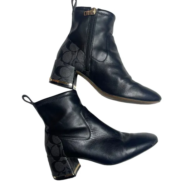 Coach Nala Bootie Leather Monogram Black Chunky Heel Side Zip Ankle Boot 6