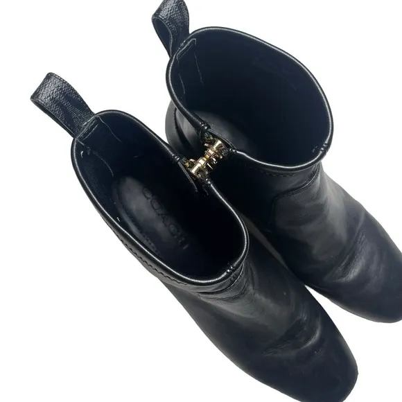 Coach Nala Bootie Leather Monogram Black Chunky Heel Side Zip Ankle Boot 6