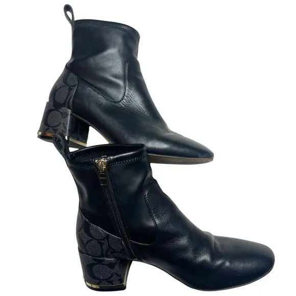 Coach Nala Bootie Leather Monogram Black Chunky Heel Side Zip Ankle Boot 6