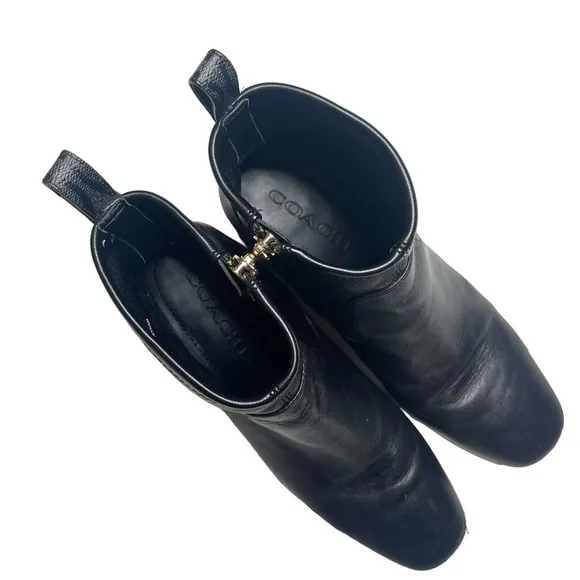 Coach Nala Bootie Leather Monogram Black Chunky Heel Side Zip Ankle Boot 6
