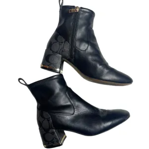Coach Nala Bootie Leather Monogram Black Chunky Heel Side Zip Ankle Boot 6