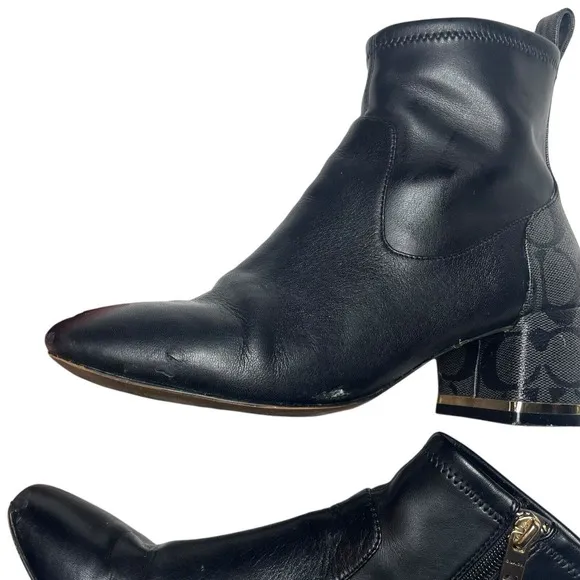Coach Nala Bootie Leather Monogram Black Chunky Heel Side Zip Ankle Boot 6