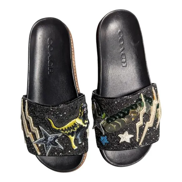Coach Rexy Sport Slide Black Glitter Embellished Dinosaur Applique Sandals Sz 5