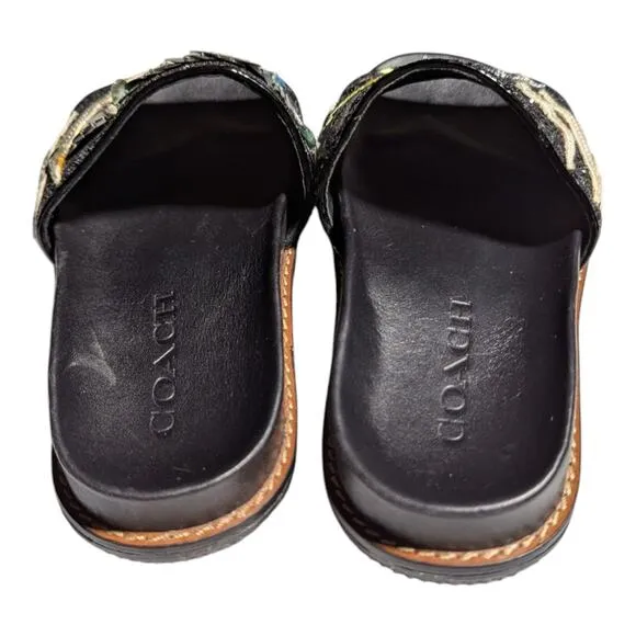 Coach Rexy Sport Slide Black Glitter Embellished Dinosaur Applique Sandals Sz 5