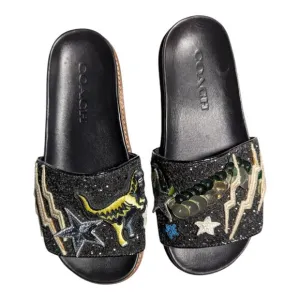 Coach Rexy Sport Slide Black Glitter Embellished Dinosaur Applique Sandals Sz 5