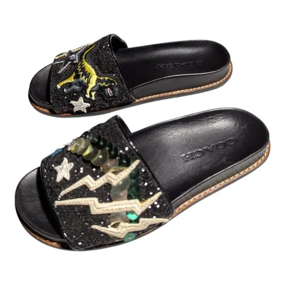 Coach Rexy Sport Slide Black Glitter Embellished Dinosaur Applique Sandals Sz 5