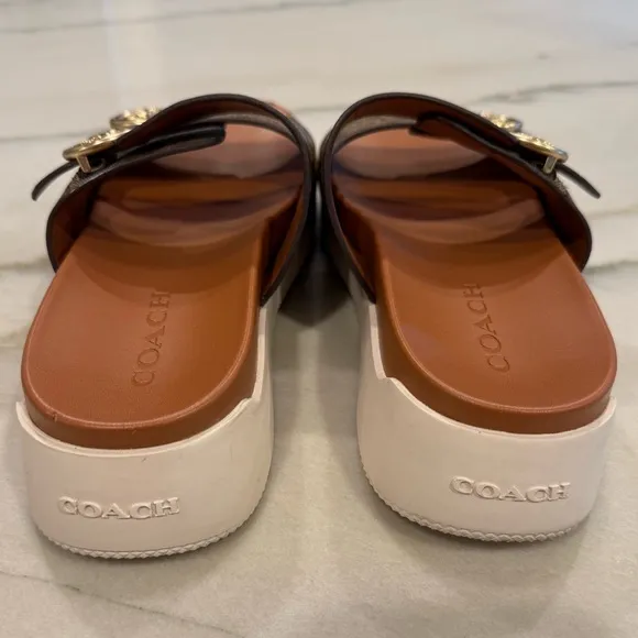 Coach Sandals Size 8 Brown Monogram Gold Buckles