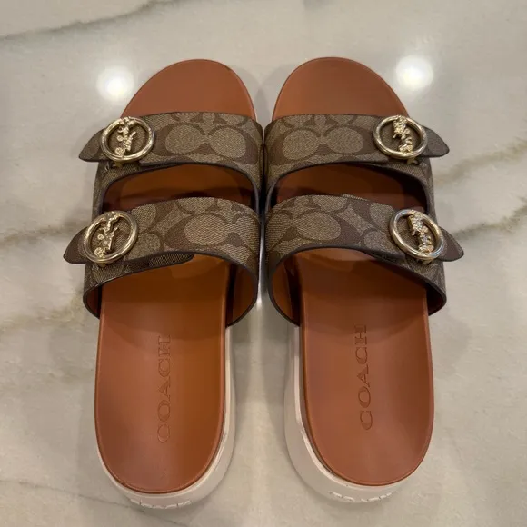 Coach Sandals Size 8 Brown Monogram Gold Buckles