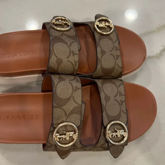 Coach Sandals Size 8 Brown Monogram Gold Buckles