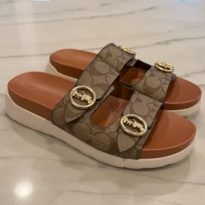 Coach Sandals Size 8 Brown Monogram Gold Buckles