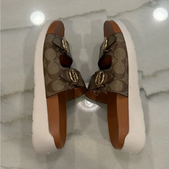 Coach Sandals Size 8 Brown Monogram Gold Buckles