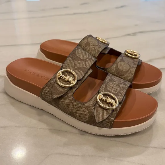 Coach Sandals Size 8 Brown Monogram Gold Buckles