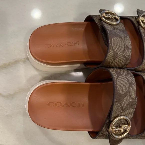 Coach Sandals Size 8 Brown Monogram Gold Buckles