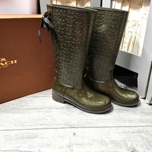 Coach Signature Rain Boots Mid-Calf Green FG1876 Embossed Size 9B NEW