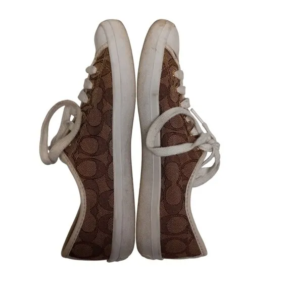 Coach Size 8 8B Sneakers Signature Canvas Lace Up Brown White Napa Leather