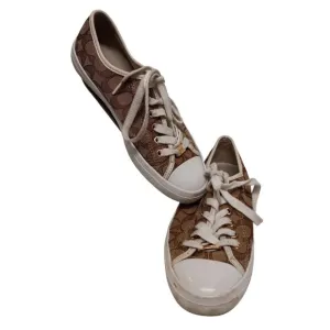 Coach Size 8 8B Sneakers Signature Canvas Lace Up Brown White Napa Leather
