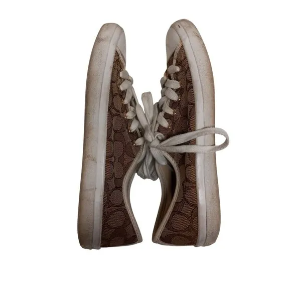 Coach Size 8 8B Sneakers Signature Canvas Lace Up Brown White Napa Leather
