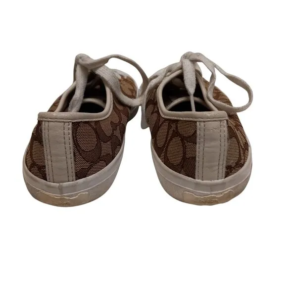Coach Size 8 8B Sneakers Signature Canvas Lace Up Brown White Napa Leather