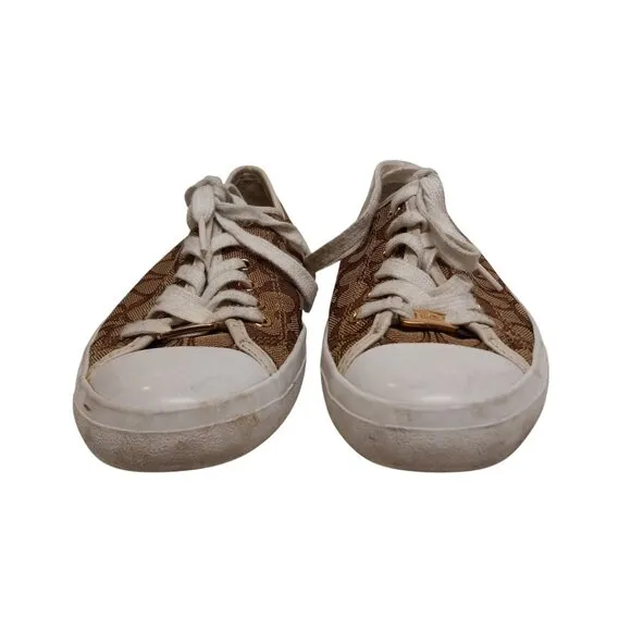 Coach Size 8 8B Sneakers Signature Canvas Lace Up Brown White Napa Leather