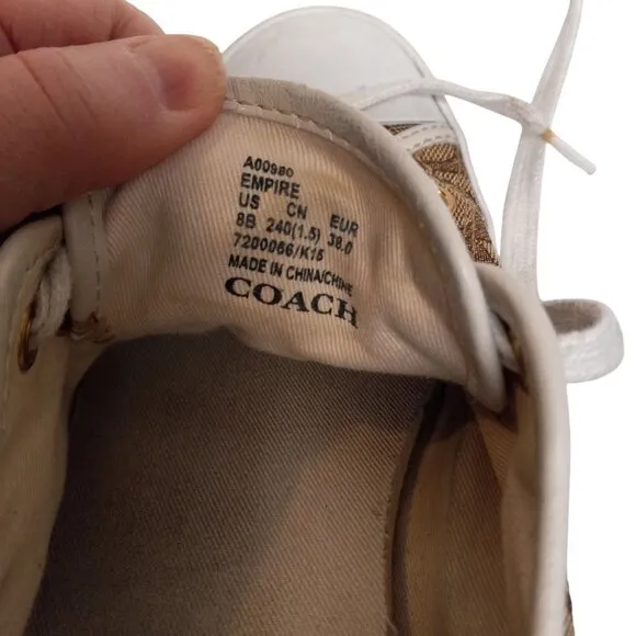 Coach Size 8 8B Sneakers Signature Canvas Lace Up Brown White Napa Leather
