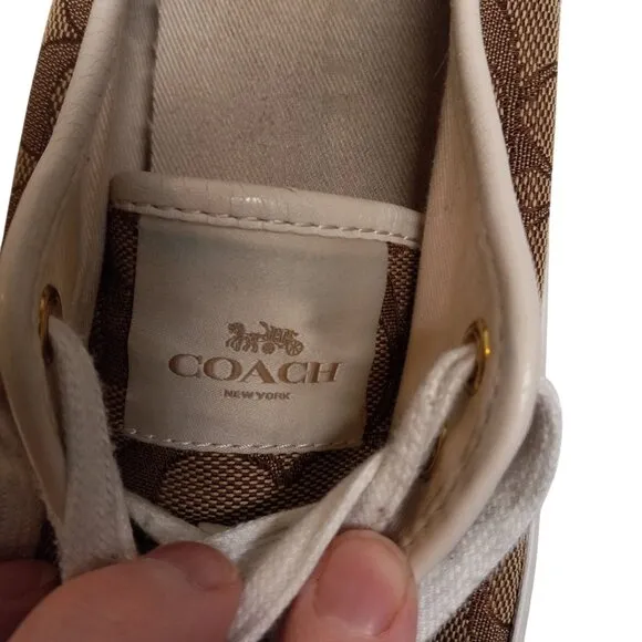 Coach Size 8 8B Sneakers Signature Canvas Lace Up Brown White Napa Leather